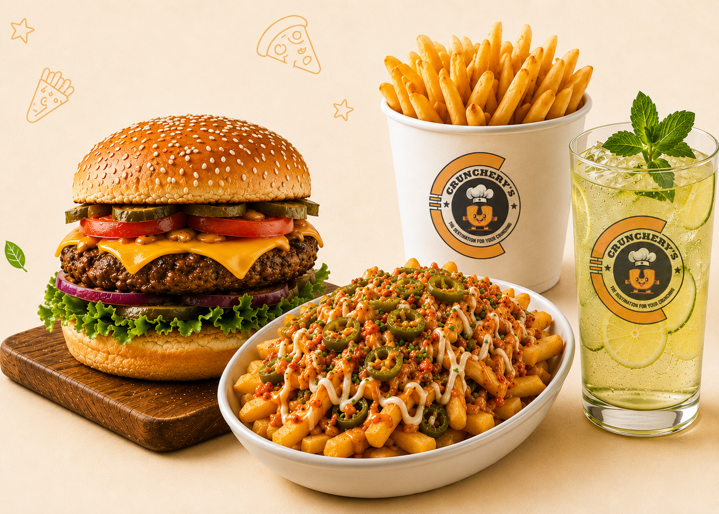Crunchery's burger, loaded fries and refreshing drink